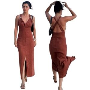 ZARA 100% linen terracotta midi dress size small